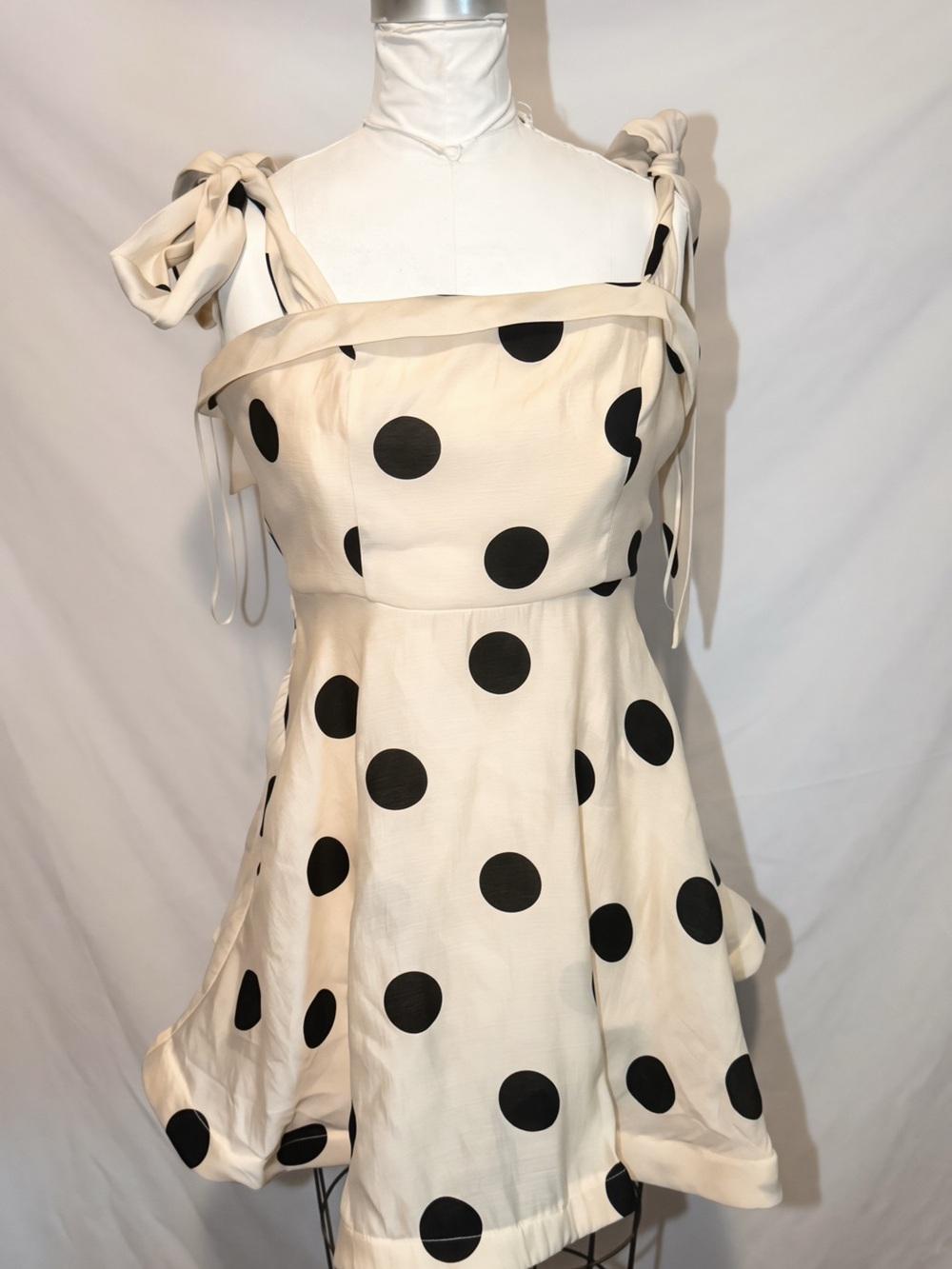 Polka Dot Tie-Shoulder fit and flare mini Dress in Cream with black polka dots